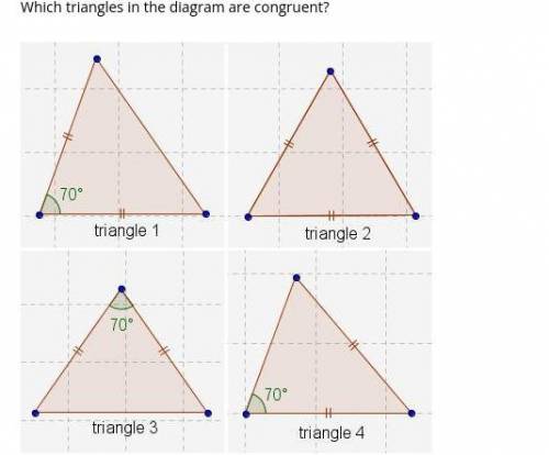 Which triangles in the diagram are congruent?

A. 
triangle 1 and triangle 2
B. 
triangle 1, tria