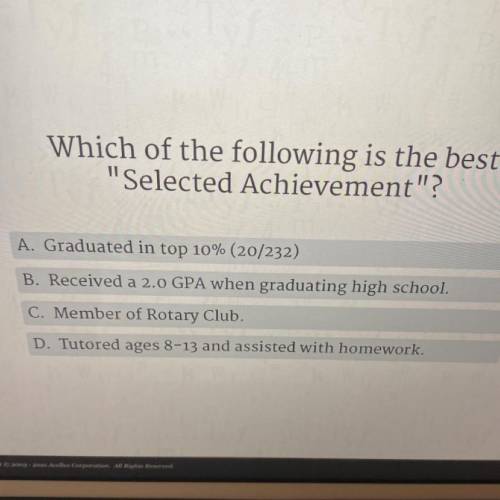 Which of the following is the best

Selected Achievement?
A. Graduated in top 10% (20/232)
B. Re