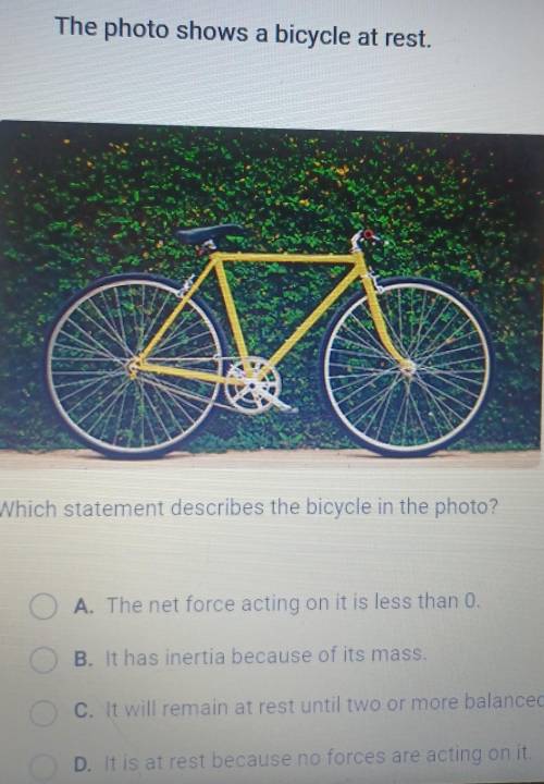 the photo shows a bicycle at rest. Which statement describes the bicycle in the photo? O A. The net