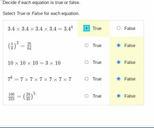 Select if each equation is true or false