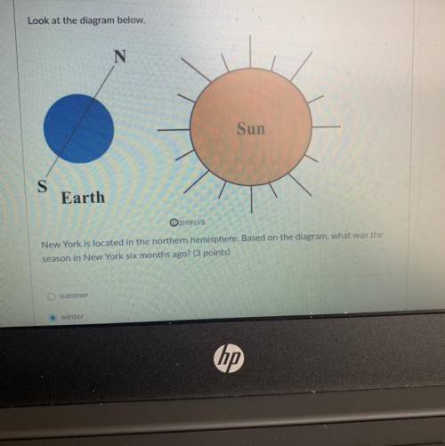Look at the diagram below.

N
Sun
S
Earth
©2010FLVS
New York is located in the northern hemisphere