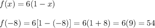 f(x) = 6(1-x)\\\\f(-8)=6[1-(-8)] = 6(1+8) = 6(9) = 54