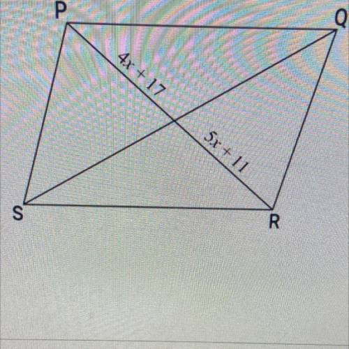 PQRS is a parallelogram with diagonals PR and QS. Diagonal PR is divided into two segments as shown