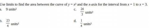 use limits to find the area between the curve of y = x² and the x-axis for the interval from x = 1
