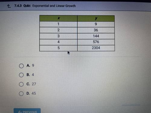 Need help pleaseee

The values in the table represent an exponential function. What is the co