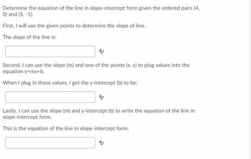 Determine the equation of the line in slope-intercept form given the ordered pairs (4, 0) and (5, -