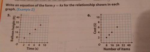 Write an equation of the form y=kx for the relationship shown in each graph. (Example 2)