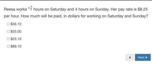 Reesa works 6 4/5 hours on Saturday and 4 hours on Sunday. Her pay rate is $8.25 per hour. How much