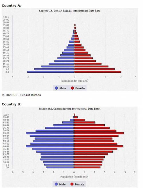 The population pyramids above represent two countries at different stages of the demographic transi