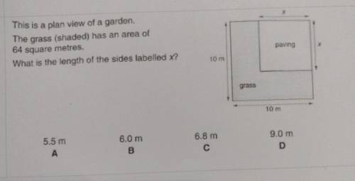 This is a plan view of a garden. The grass (shaded) has an area of 64 square metres. What is the le