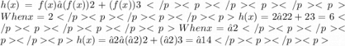 h(x)=f(x)−(f(x))2+(f(x))3When x=2h(x)=2−22+23=6When x=−2h(x)=−2−(−2)2+(−2)3=−14