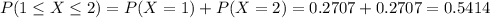 P(1 \leq X \leq 2) = P(X = 1) + P(X = 2) = 0.2707 + 0.2707 = 0.5414