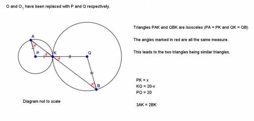 Find radiuses of circles, if OO1=20cm and 3AK=2BK