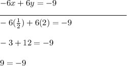 -6x + 6y = - 9\\\rule{150}{0.5}\\-6(\frac{1}{2}) + 6(2) = -9\\\\-3 + 12 = -9\\\\9 =-9
