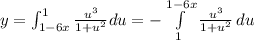 y = \int_{1-6x}^1 \frac{u^3}{1+u^2}du= -\int\limits^{1-6x}_1 {\frac{u^3}{1+u^2} } \, du