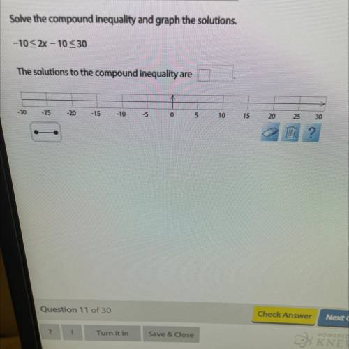 Solve the compound inequality and graph the solutions.

-10<2x – 10 <30
The solutions to the