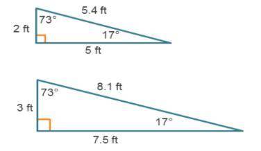 A triangle has side lengths of 2 feet, 5.4 feet, and 5 feet. The angle measures are 90 degrees, 73