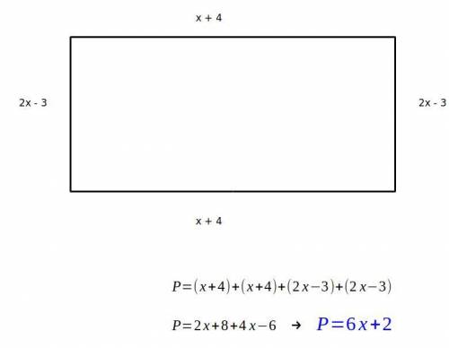 14 14) Write an expression for the perimeter of a

rectangular room with sides x + 4 and
2x - 3
f
A