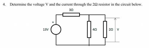 Determine the voltage V and the current through the 2Ω resistor in the circuit below.