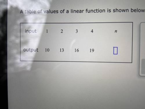 a table of values of a linear function is shown below. Find the output when the input is n. Type yo