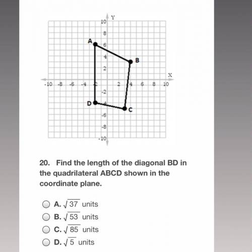 Find the length of the diagonal BD in the quadrilateral ABCD shown in the coordinate plane.