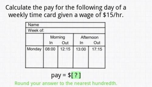Calculate the pay for the following day of a weekly time card given a wage of $15/hr