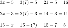 3x-5=3(7)-5=21-5=16\\\\2x-3=2(7)-3=14-3=11\\\\15-x=15-(7)=15-7=8