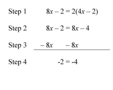 Lulu used these steps to solve the equation 8x−2=2(4x−2). Which choice describes the meaning of her