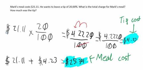 Mark’s meal costs $21.11. He wants to leave a tip of 20.00%. What is the total charge for Mark’s mea