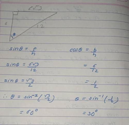 What are the angle measures of the triangle?

A right triangle is shown with the measures of the th
