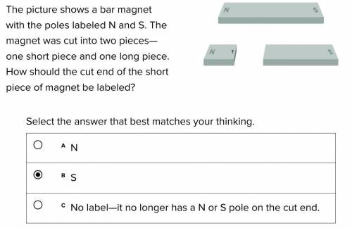 The picture shows a bar magnet with the poles labeled N and S. The magnet was cut into two pieces—o