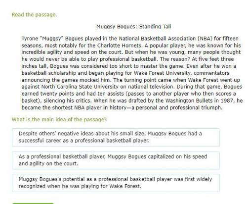 Read the passage.

Muggsy Bogues: Standing Tall
Tyrone Muggsy Bogues played in the National Bask