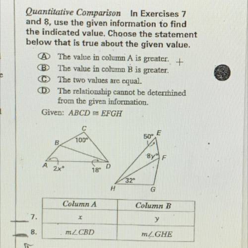Quantitative Comparison in Exercises 7

and 8, use the given information to find
the indicated val