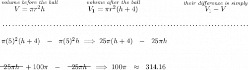 \stackrel{\textit{volume before the ball}}{V=\pi r^2 h}\qquad \qquad \stackrel{\textit{volume after the ball}}{V_1=\pi r^2(h+4)}~\hfill \stackrel{\textit{their difference is simply}}{V_1-V} \\\\[-0.35em] ~\dotfill\\\\ \pi (5)^2(h+4)~~ - ~~\pi (5)^2h\implies 25\pi (h+4)~~ -~~25\pi h \\\\\\ ~~\begin{matrix} 25\pi h \\[-0.7em]\cline{1-1}\\[-5pt]\end{matrix}~~+100\pi ~~ - ~~~~\begin{matrix} 25\pi h \\[-0.7em]\cline{1-1}\\[-5pt]\end{matrix}~~\implies 100\pi ~~\approx~~314.16