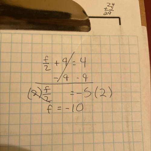 Solve the equation f/2 +9=4