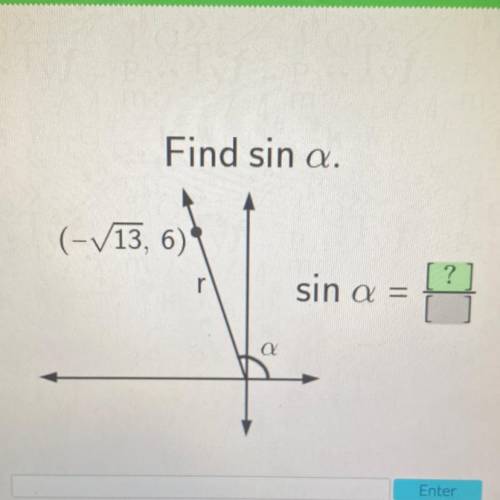 Find sin a.
(-/13, 6)
?
sin a =
a
a