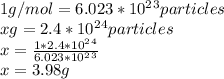 1g/mol=6.023*10^2^3particles\\xg=2.4*10^2^4particles\\x=\frac{1*2.4*10^2^4}{6.023*10^2^3}\\x=3.98g