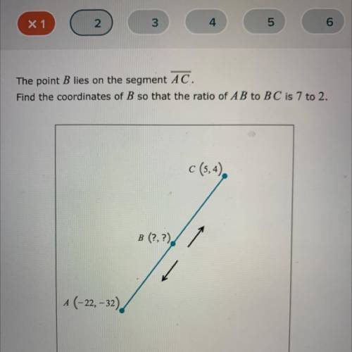 The point B lies on the segment AC.

Find the coordinates of B so that the ratio of A B to B C is