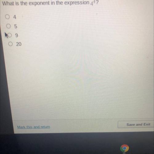 What is the exponent in the expression 45?
20
IM GIVING BRAINLIEST