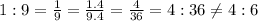 1:9=\frac{1}{9}=\frac{1.4}{9.4} =\frac{4}{36}=4:36\neq 4:6