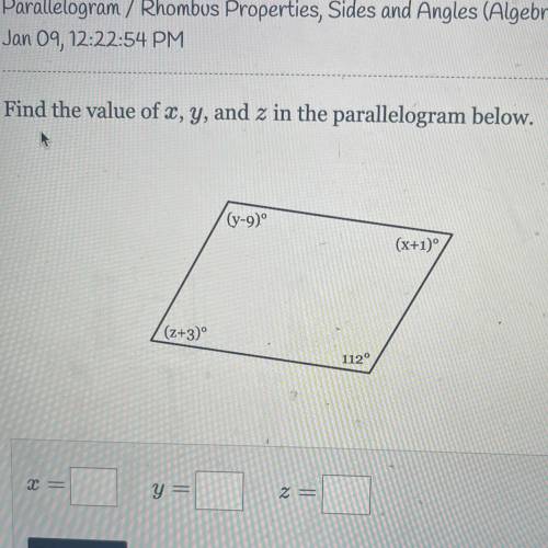 Find the value of x, y, and z in the parallelogram below.