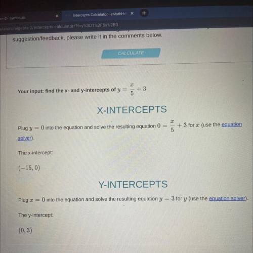 Y= 1/5x + 3 What is the x-intercept?
