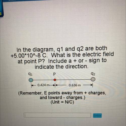 In the diagram, 91 and q2 are both

+5.00*10^-8 C. What is the electric field
at point P? Include