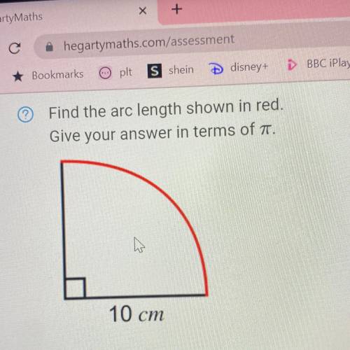 Find the arc length shown in red.
Give your answer in terms of .
A
10 cm