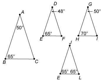 Which triangle is △ABC similar to and why?

△ABC is similar to △DEF by AA Similarity Postulate