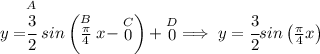 y = \stackrel{A}{\cfrac{3}{2}}sin\left( \stackrel{B}{\frac{\pi }{4}}x-\stackrel{C}{0} \right)+\stackrel{D}{0}\implies y = \cfrac{3}{2}sin\left( \frac{\pi }{4}x \right)