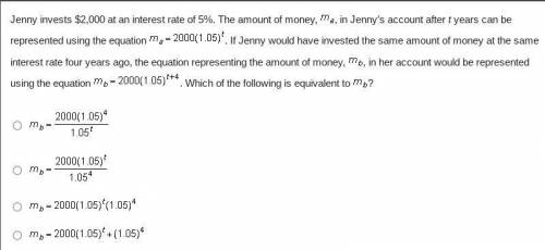 Jenny invests $2,000 at an interest rate of 5%. The amount of money, in Jenny’s account after t yea