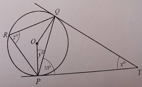 The points P, Q and R lie on a circle, centre O. TP and TQ are tengents to the circle. Angle TPQ =
