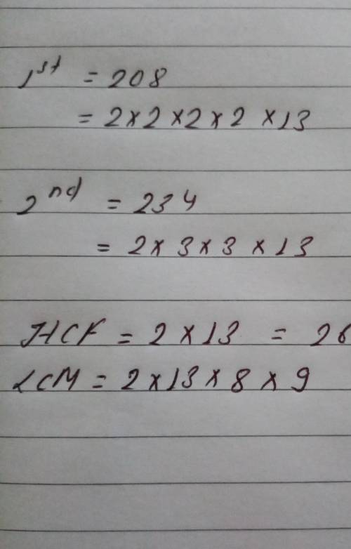Calculate the HCF and LCM using prime factorisation 208 and 234