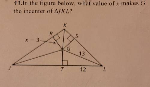 In the figure below, what value of x makes g the incenter of JKL